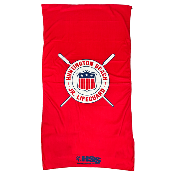 Red beach towel with Huntington Beach Jr. Lifeguard logo on a white background