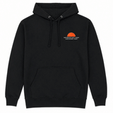 Black hoodie with a logo on the chest against a white background