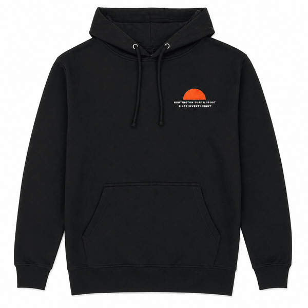 Black hoodie with a logo on the chest against a white background