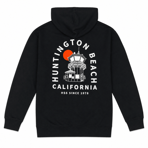 Black hoodie with 'Huntington Beach California' graphic on the back