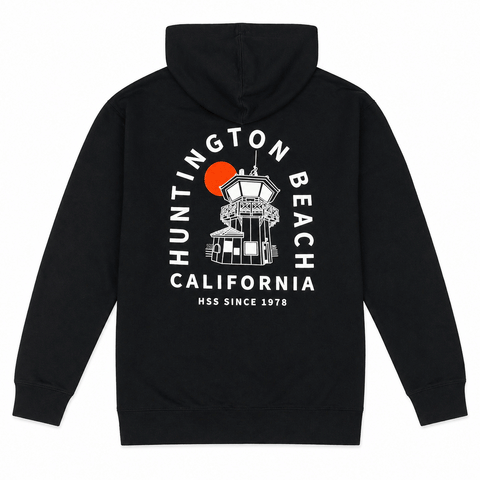 Black hoodie with 'Huntington Beach California' graphic on the back