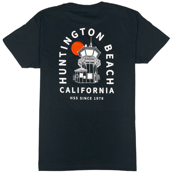 Black t-shirt with Huntington Beach California design on a white background