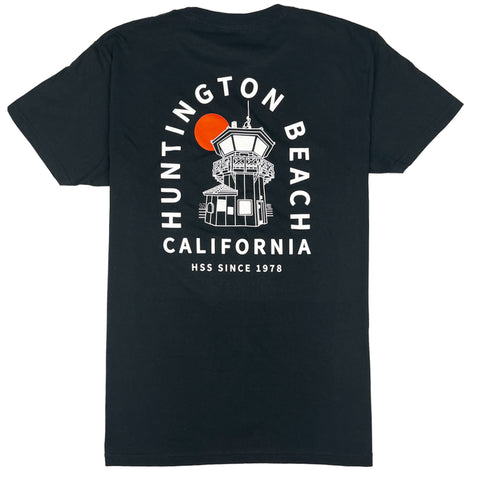 Black t-shirt with Huntington Beach California design on a white background