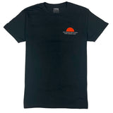 Black t-shirt with a red and orange graphic on a white background