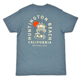 back of blue tshirt with image of HB lifeguard tower zero