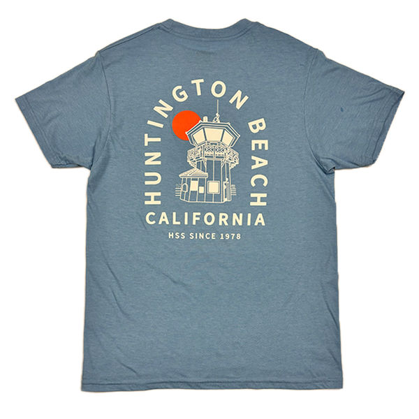 back of blue tshirt with image of HB lifeguard tower zero