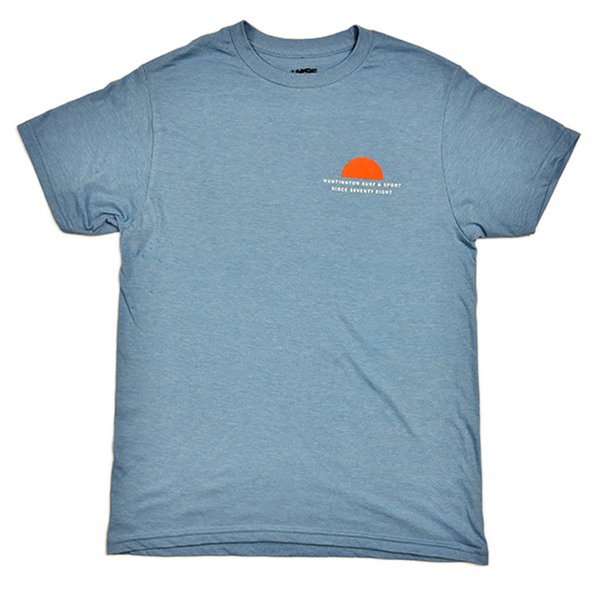 front of blue tshirt with image of sunset and words huntington surf and sport