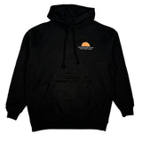 Black hoodie with a logo on the chest against a white background