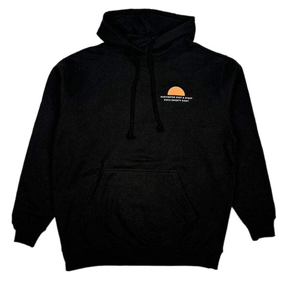 Black hoodie with a logo on the chest against a white background