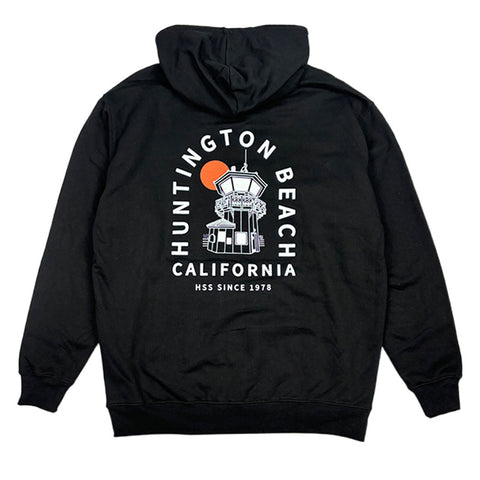 Black hoodie with 'Huntington Beach California' graphic on the back