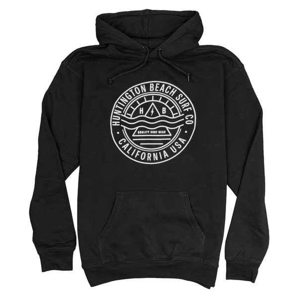 Black hoodie with white logo on a white background