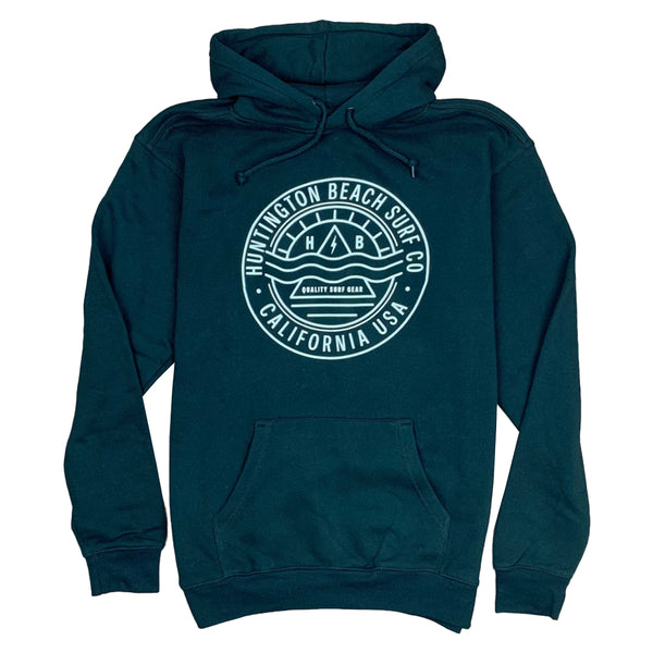 Teal hoodie with a logo on a white background