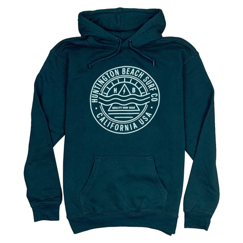 Teal hoodie with a logo on a white background