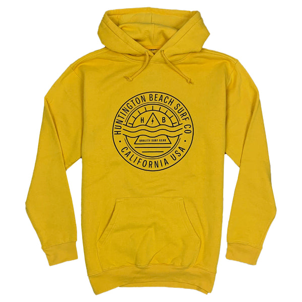 Yellow hoodie with black logo on a white background