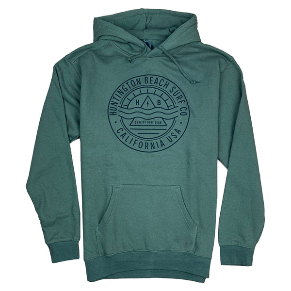 Teal hoodie with a logo on a white background