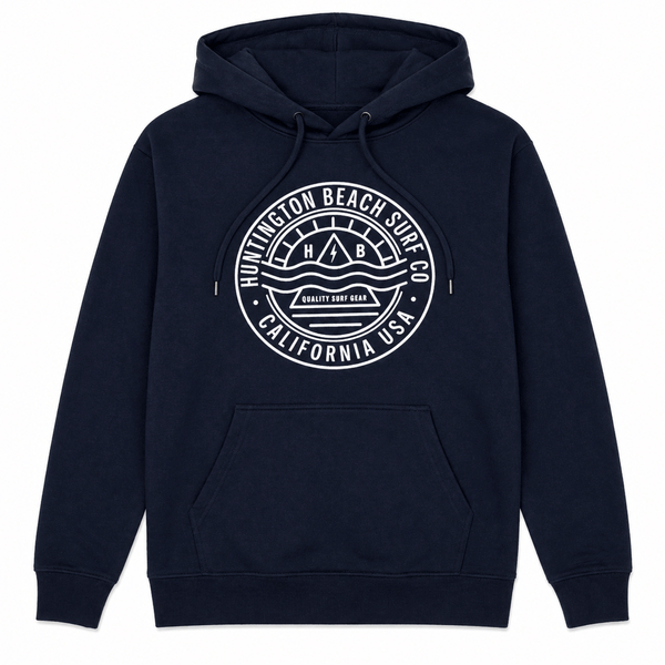 navy blue pullover hooded sweatshirt with white circular logo on chest