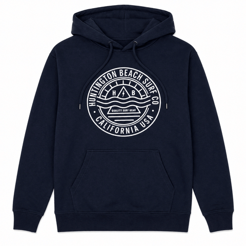 navy blue pullover hooded sweatshirt with white circular logo on chest