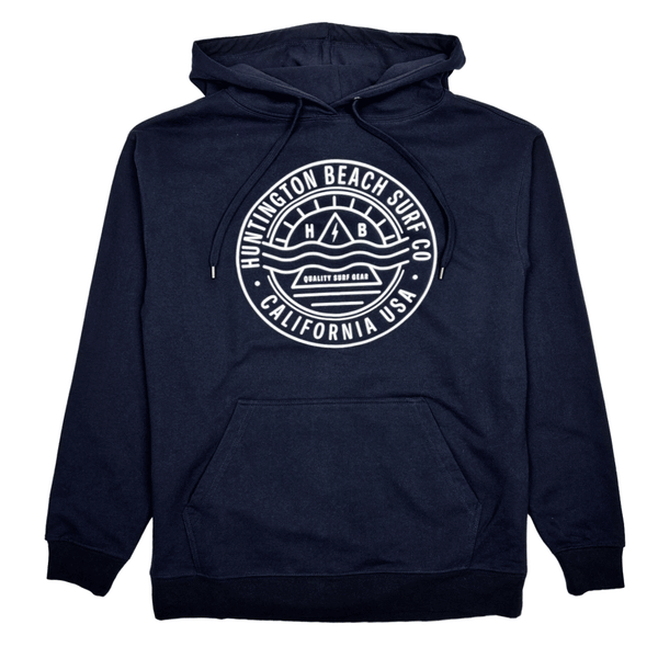 navy blue pullover hooded sweatshirt with white circular logo on chest