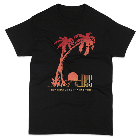 black tshirt with silhouette of palm trees and sunset