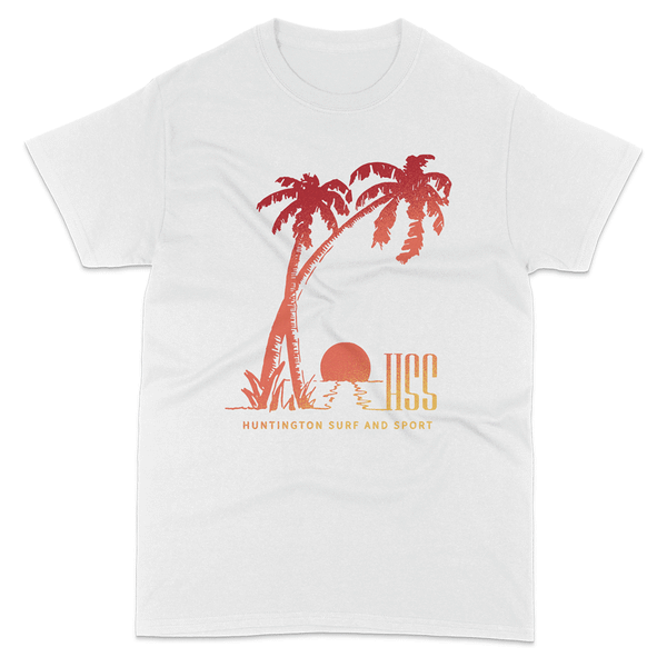 white t shirt with silhouette of palm trees and sunset