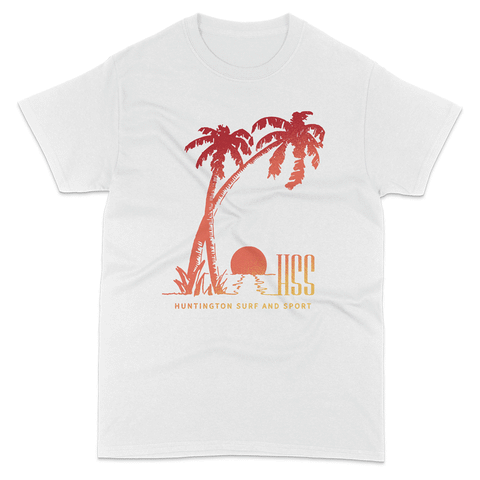 white t shirt with silhouette of palm trees and sunset