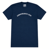 front of blue t shirt with upside down text " HSS Surfboards" on white background