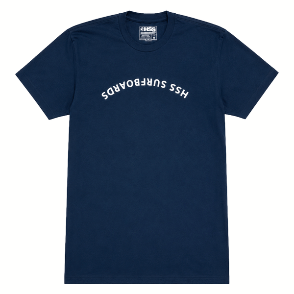 front of blue t shirt with upside down text " HSS Surfboards" on white background