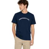 person wearing blue t shirt with upside down text across chest "HSS Surfboards" on white background