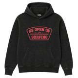 washed black US Open of Surfing pullover hoodie with red front graphic