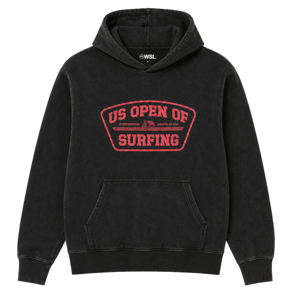 washed black US Open of Surfing pullover hoodie with red front graphic