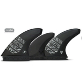 3 black surf fins with white accents on a white background