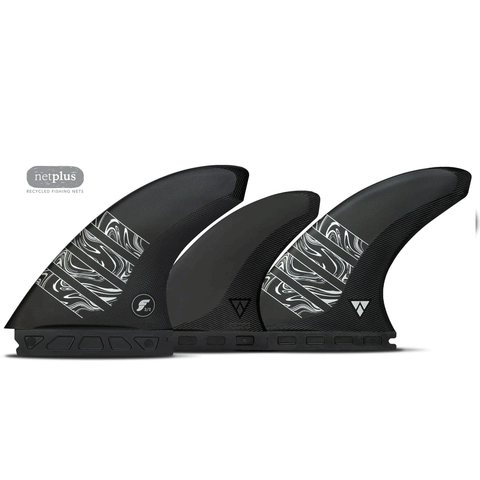3 black surf fins with white accents on a white background
