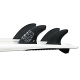 tail of surfboard with 4 surf fins attached