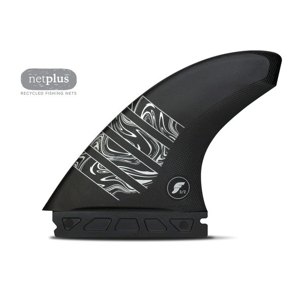 black surf fin with white accents on a white background