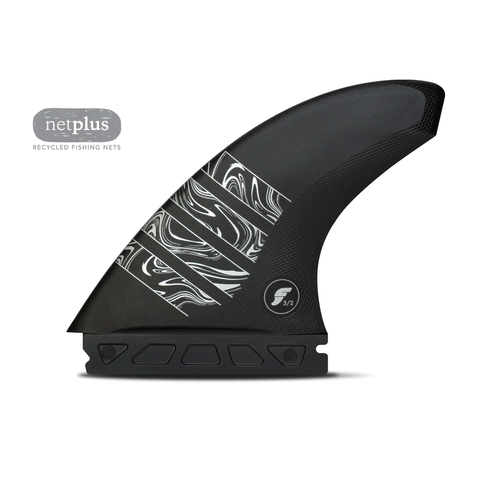 black surf fin with white accents on a white background