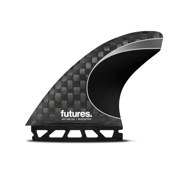 black carbon fiber surf fin on a white background