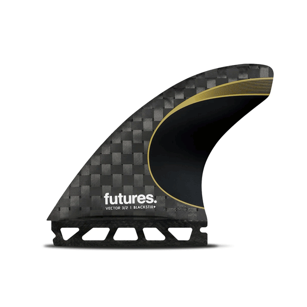 black and gold carbon fiber surf fin with "futures" branding