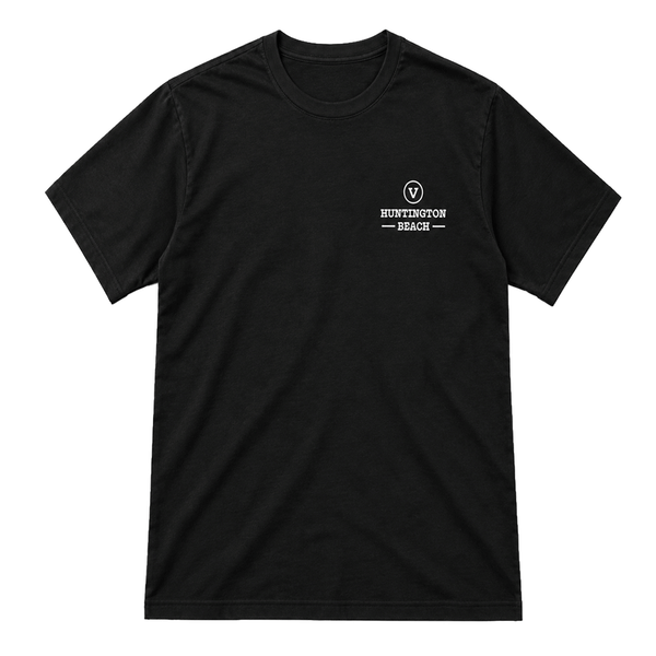 front of black t shirt with small Vissla logo and the words Huntington Beach on the chest