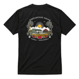 back of black t-shirt with sailor style image of the hb pier. 