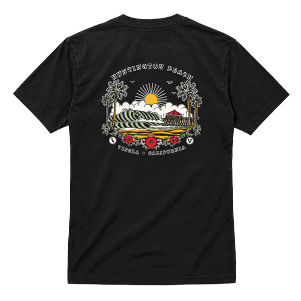 back of black t-shirt with sailor style image of the hb pier. 