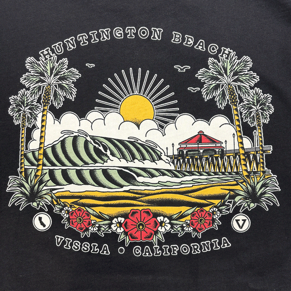 drawing of the HB Pier in a sailor tattoo style. includes pier, sun, beach, palm trees and waves