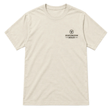 front of bone colored t-shirt with a black Vissla logo that says Huntington Beach