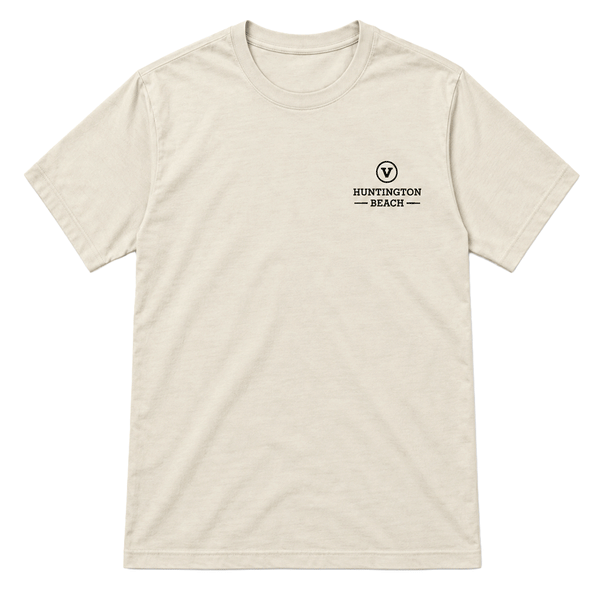 front of bone colored t-shirt with a black Vissla logo that says Huntington Beach