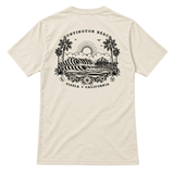 back of bone colored t-shirt with image of the hb pier in a sailor tattoo style