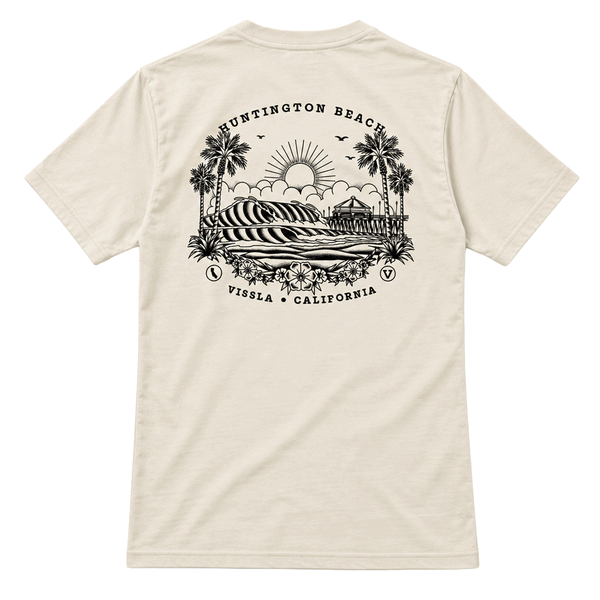 back of bone colored t-shirt with image of the hb pier in a sailor tattoo style