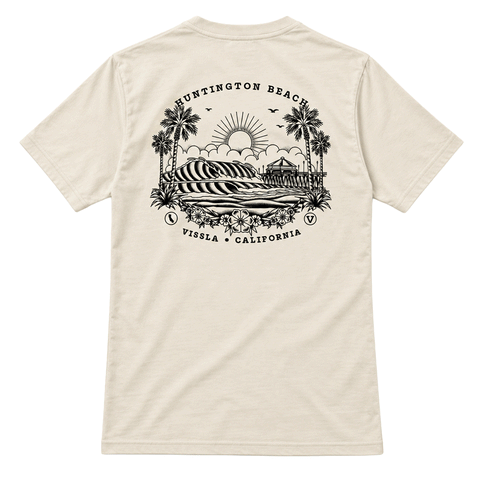 back of bone colored t-shirt with image of the hb pier in a sailor tattoo style