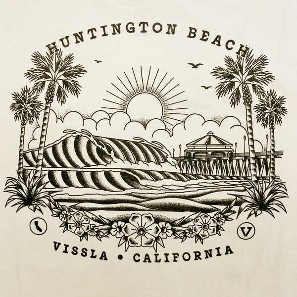 image of the hb pier in a sailor tattoo style. black with bone colored background