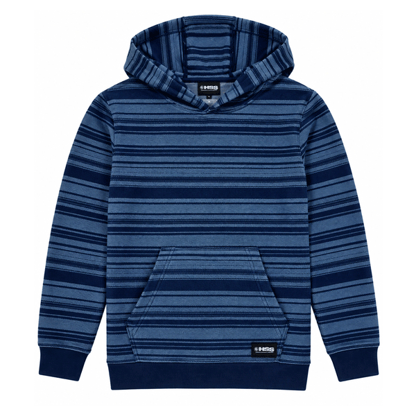 front of blue/light blue striped hooded sweatshirt