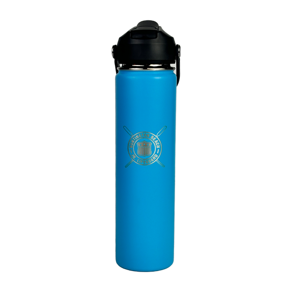 Blue water bottle with black lid on a white background