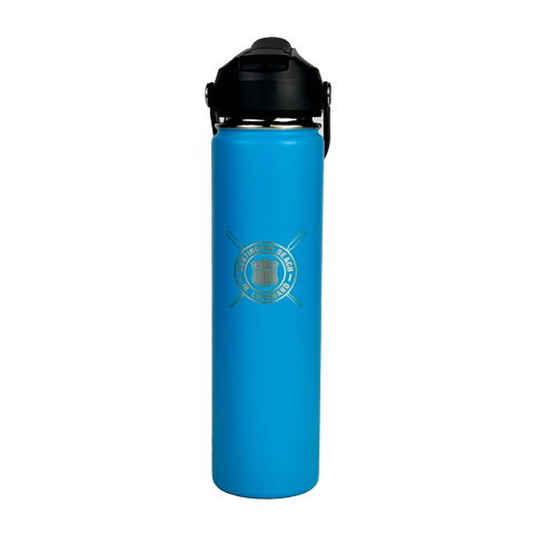 Blue water bottle with black lid on a white background